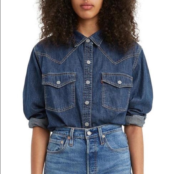 Levi's Tops - Levi's Dark Blue Denim Button-Down Western Shirt